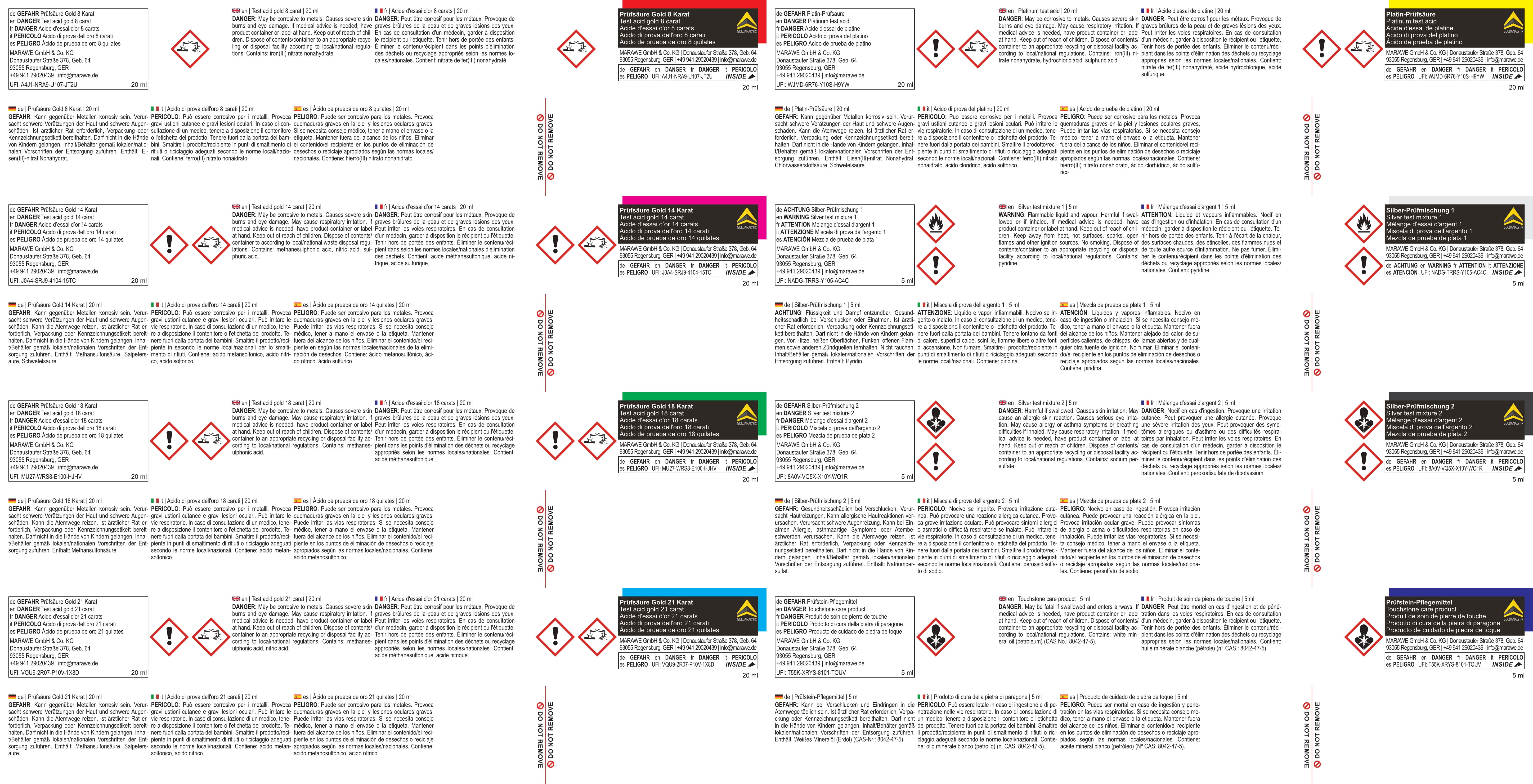 Sicherheitshinweise für Prüfsäureset für Gold, Silber und Platin